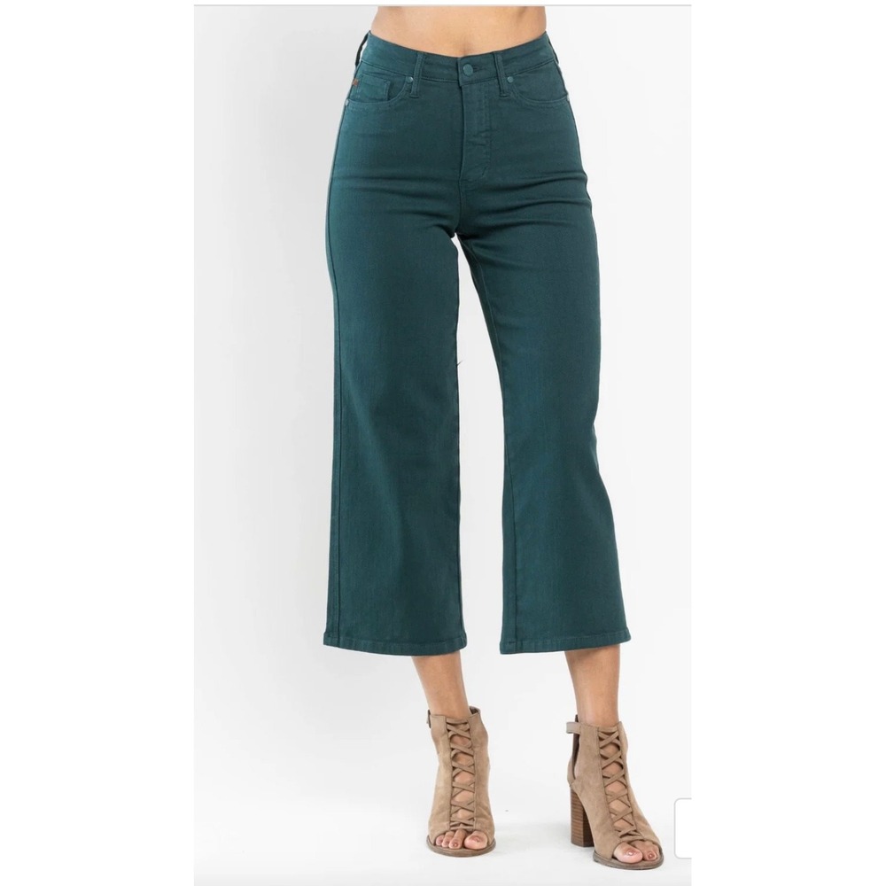 Judy Blue Hunter Green Wide Leg Crop Jeans High Rise Stretch Denim 13/31